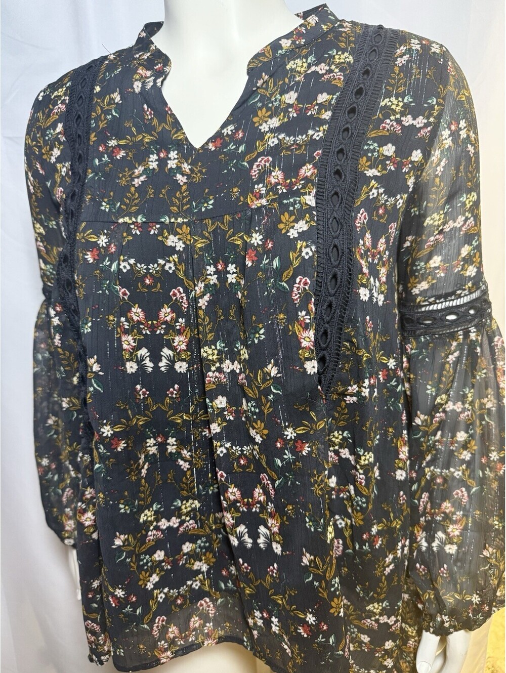 Blu Pepper Peasant Blouse Floral Lace Trim Boho Cottagecore Large